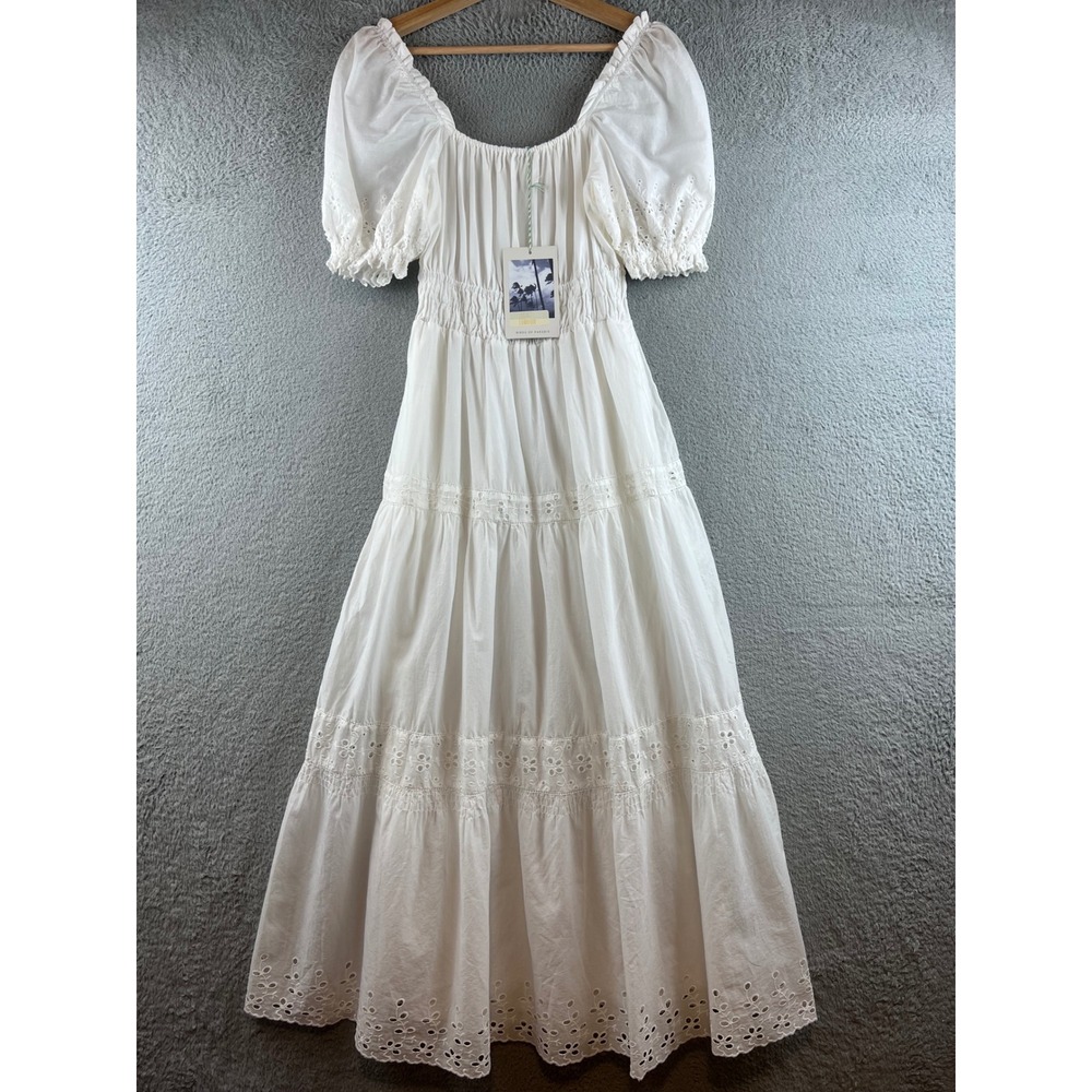 New TROVATA by BIRDS OF PARADIS Cotton Eyelet Tiered Maxi Dress Smocked SMALL
